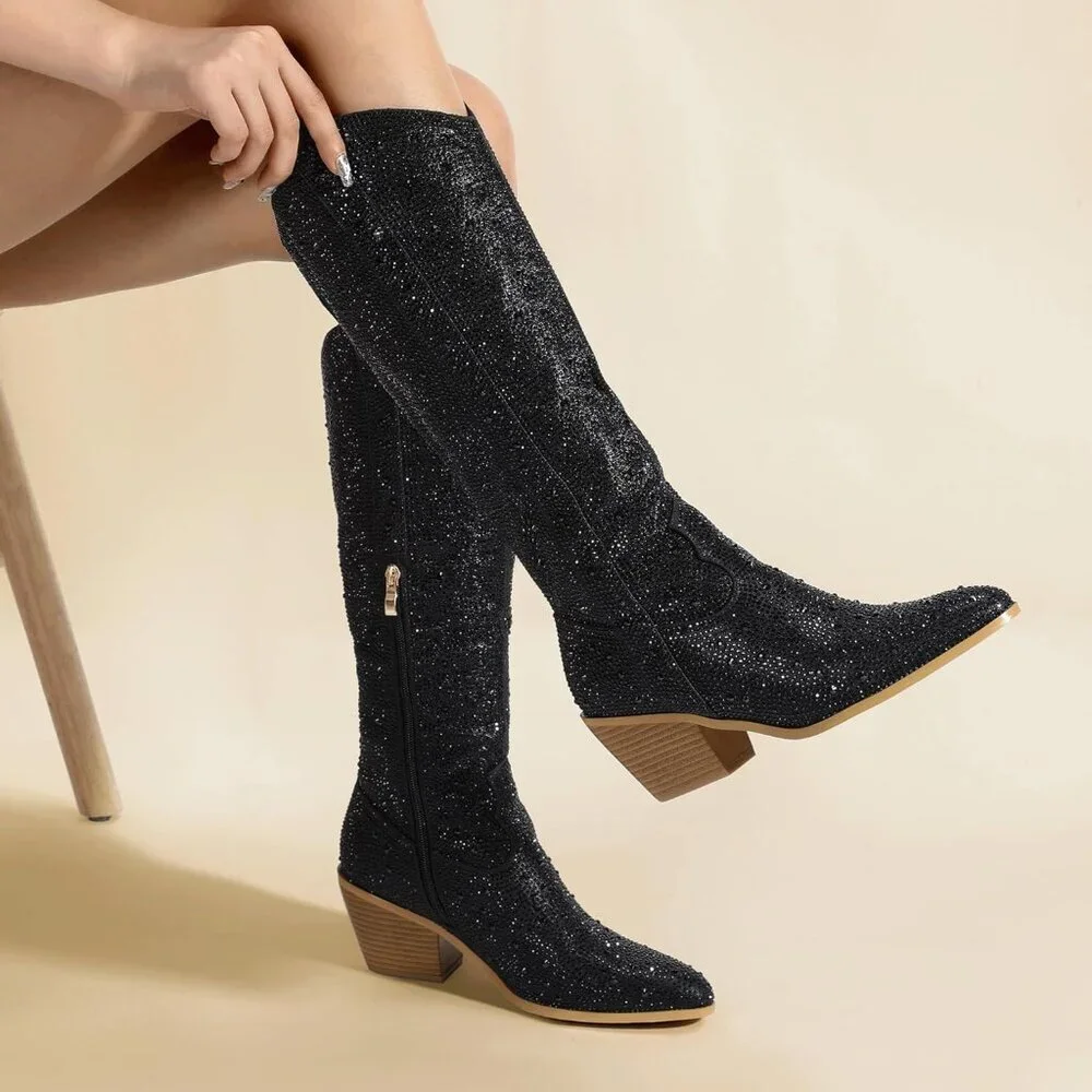 Women's Black Rhinestone Cowboy Boot Knee High Western Cowgirl Boots Pointed Toe